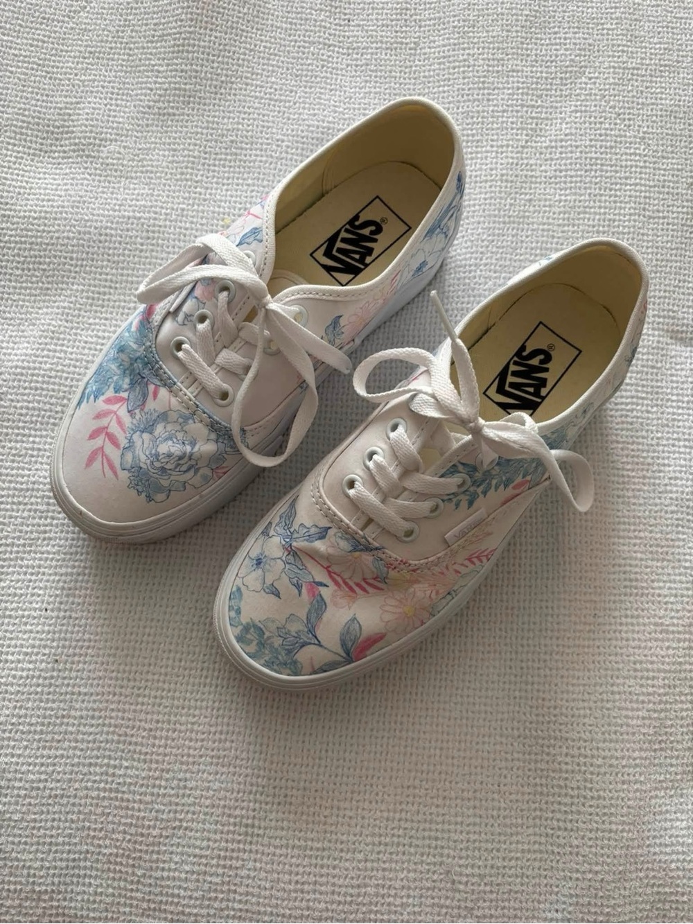 Vans Women's White Canvas Sneakers with Pastel Blue & Pink Floral Print